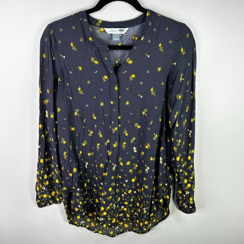 Womens gray floral long sleeve 3/4 tunic shirt blouse size size medium‎